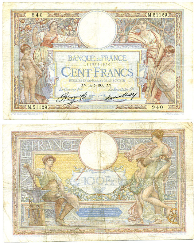 ФРАНЦИЯ 100 ФРАНКОВ 1936 14 МАЯ 1936 Pick 78c бумага 6301-37-2