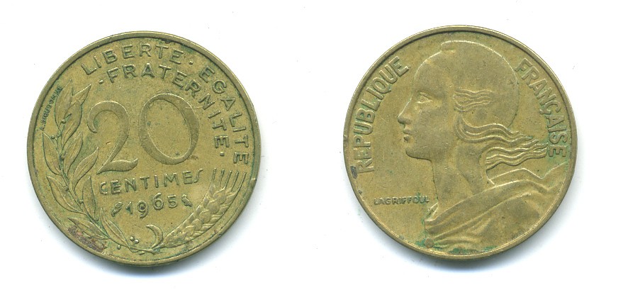 ФРАНЦИЯ 20 САНТИМОВ 1965 KM 930 медь алюминий никель 84-1436