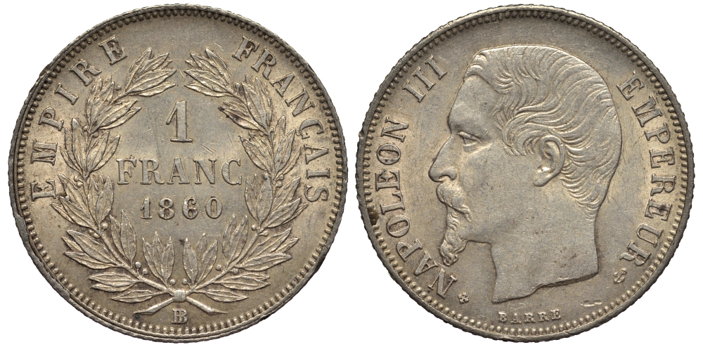 Франция 1 франк 1860 ВВ, Наполеон III (1852-1870) Gadoury 460 , KM 779.2 серебро 00-820-43