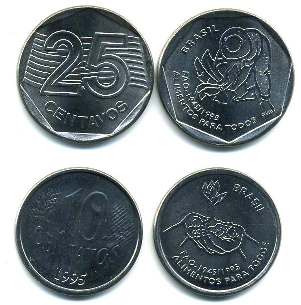 Бразилия набор из 2 монет (10 и 25 сентаво) 1995 50 лет Всемирной продовольственной программе (ФАО FAO KM 641, 642 нержавеющая сталь UNC M23-17
