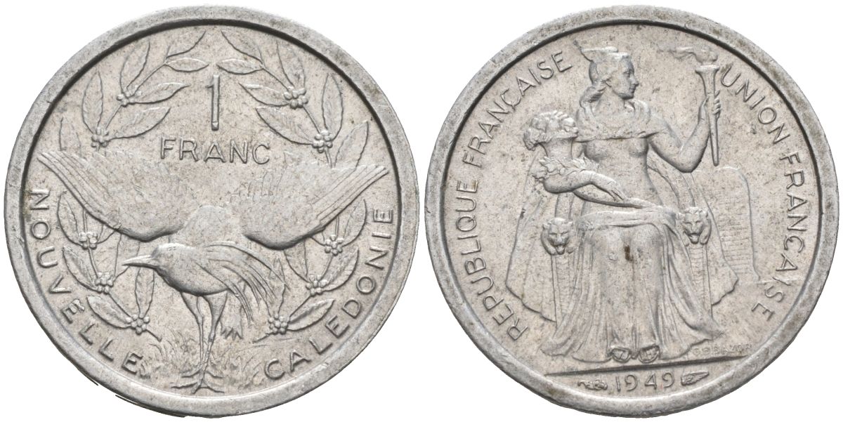 Французская Новая Каледония 1 франк 1949 птица кагу KM 2 алюминий 4539-1037