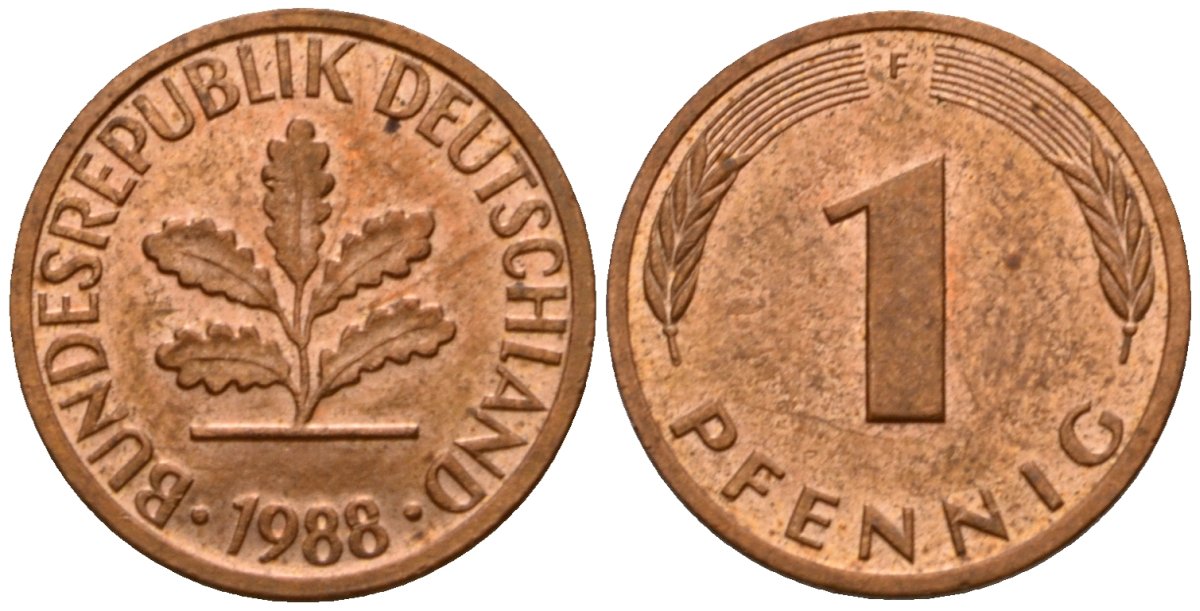 ФРГ 1 пфенниг 1988 F KM 105, J.380 сталь плакированная медью 4602-768