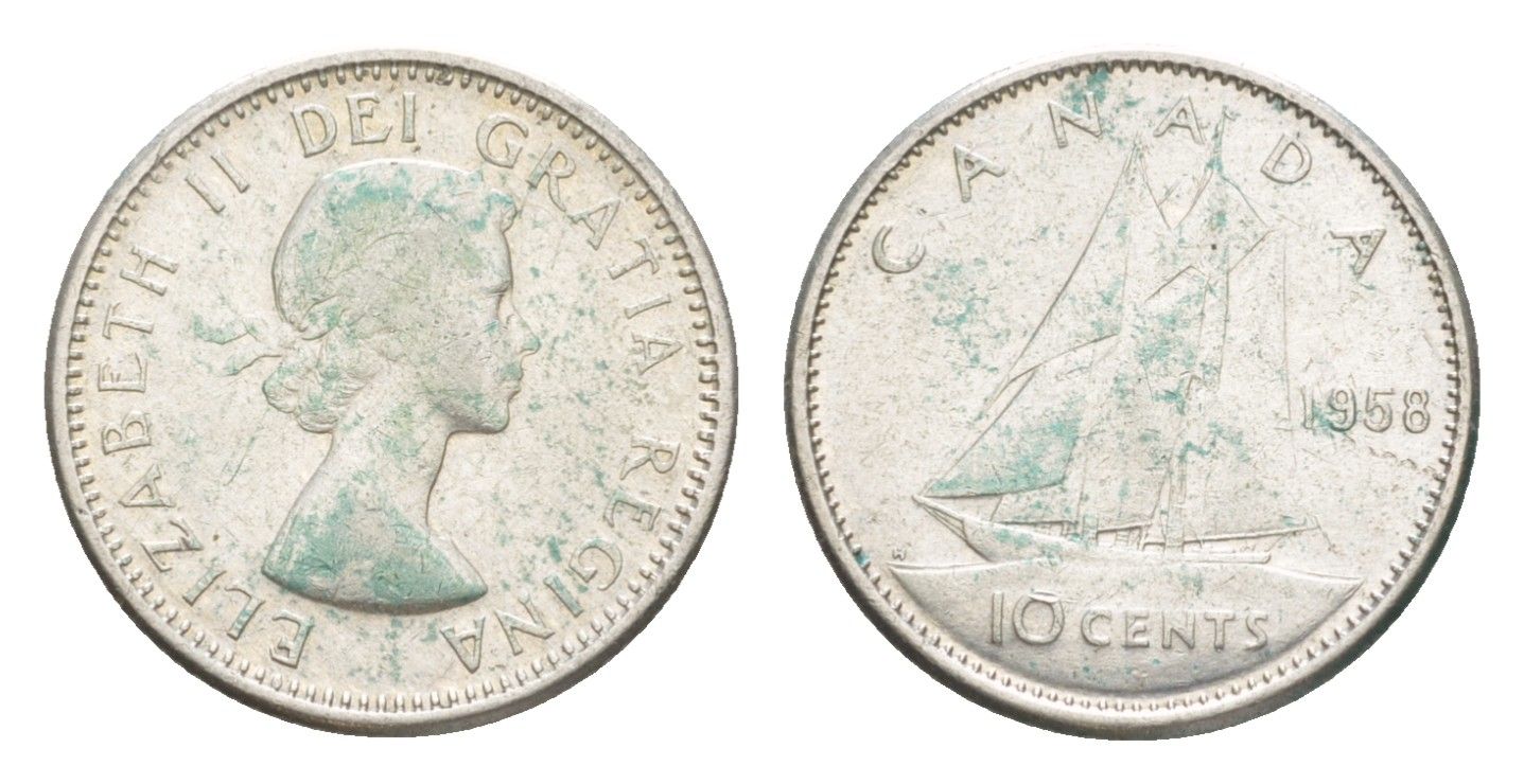 Канада 10 центов 1958 Елизавета II (1952-2022), парусник KM 51 серебро 4639-567