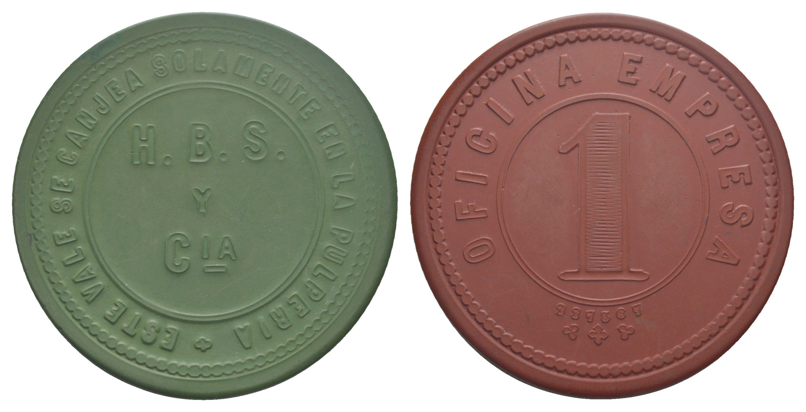 Чили, Компания (Empresa), Токо (Toco) шахтерский жетон с Селитряного рудника для покупки в местных магазинах, номиналом в 1 песо 1880-1920 диаметр 45 мм, вес 5,11 гр Espinosa 100.8 эбонит (зеленый и охра) 01-235-22