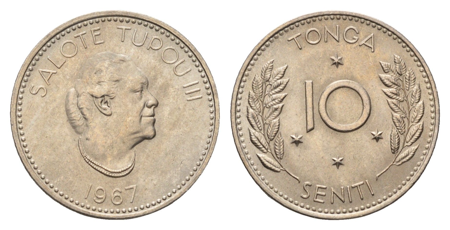 Тонга 10 сенити 1967 год-тип, Салоте Тупоу III (1900-1965) KM 7 медно-никель UNC 176-332