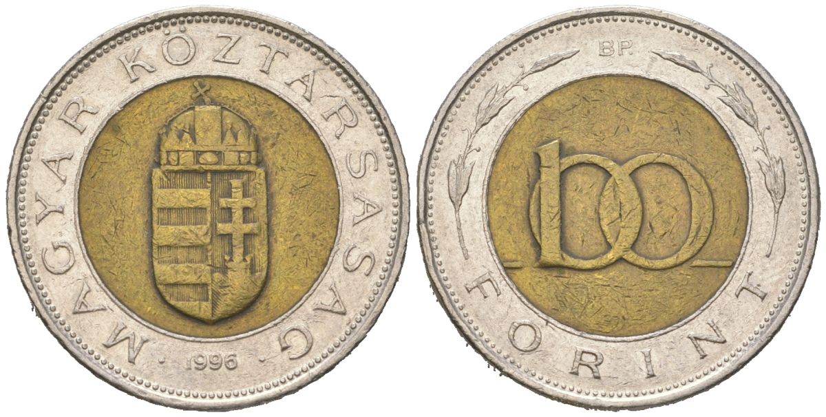 Венгрия 100 форинтов 1996 BP KM 721 биметалл 4616-1054