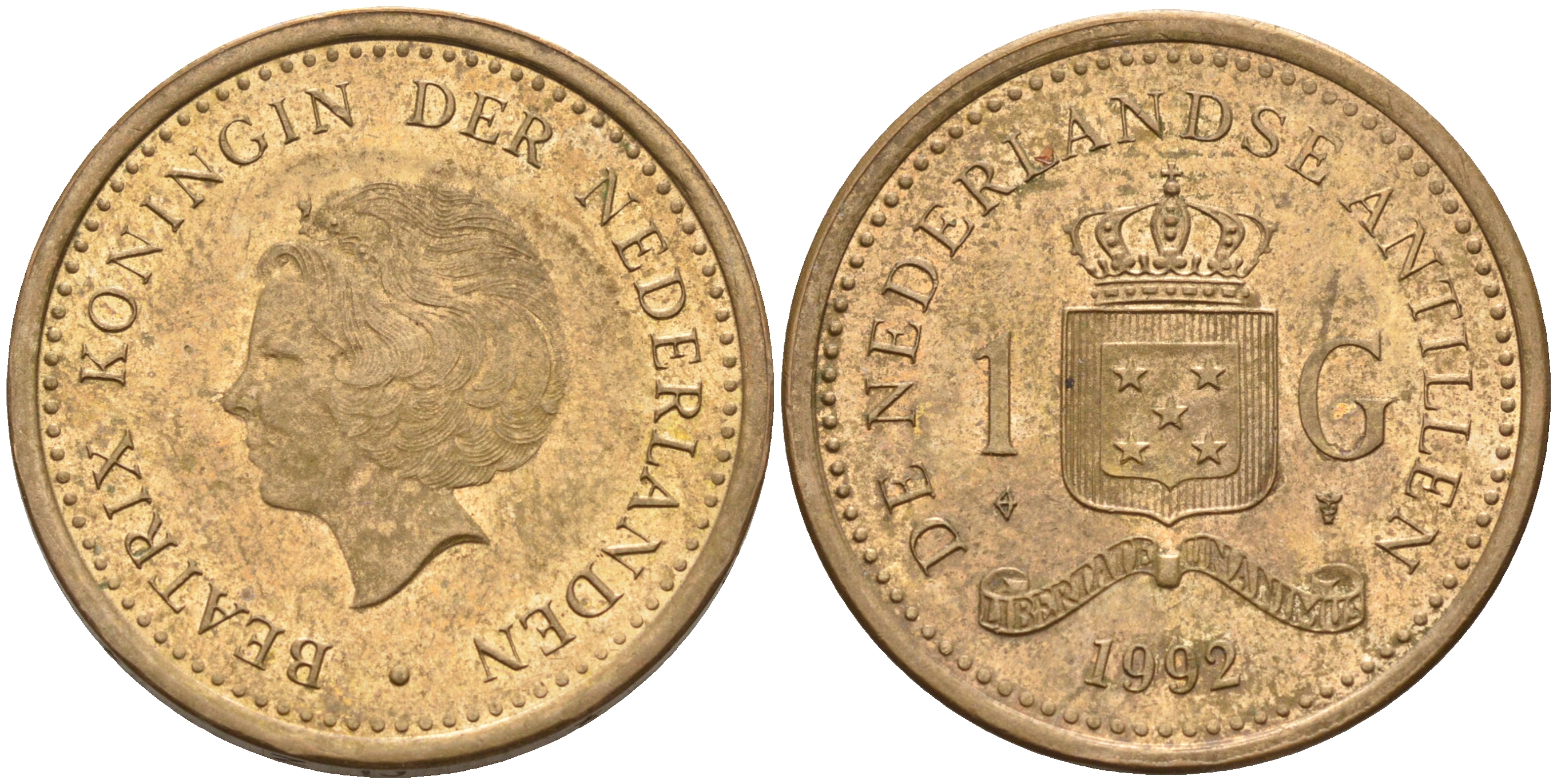 Нидерландские Антилы 1 гульден 1992 Беатрикс (1980-2013) KM 37 позолоченная сталь 4142-122
