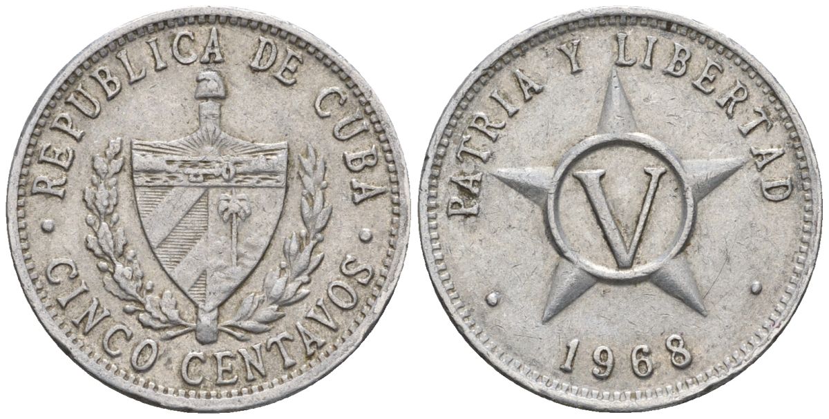 Куба 5 сентаво 1968 KM 34, JMA 43, Y 28, Schoen 32 алюминий 4114-217