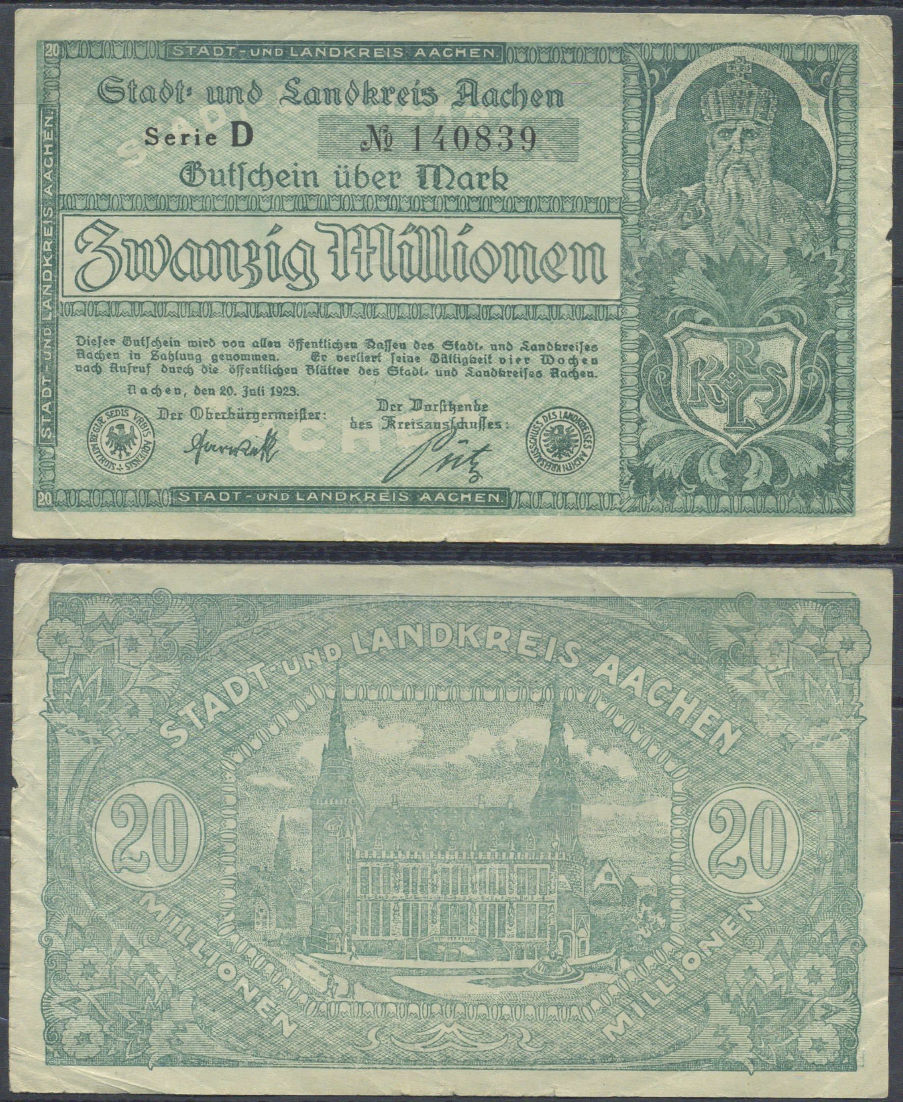 Аахен 20000000 марок 1923 бумага 6285-47-1-1