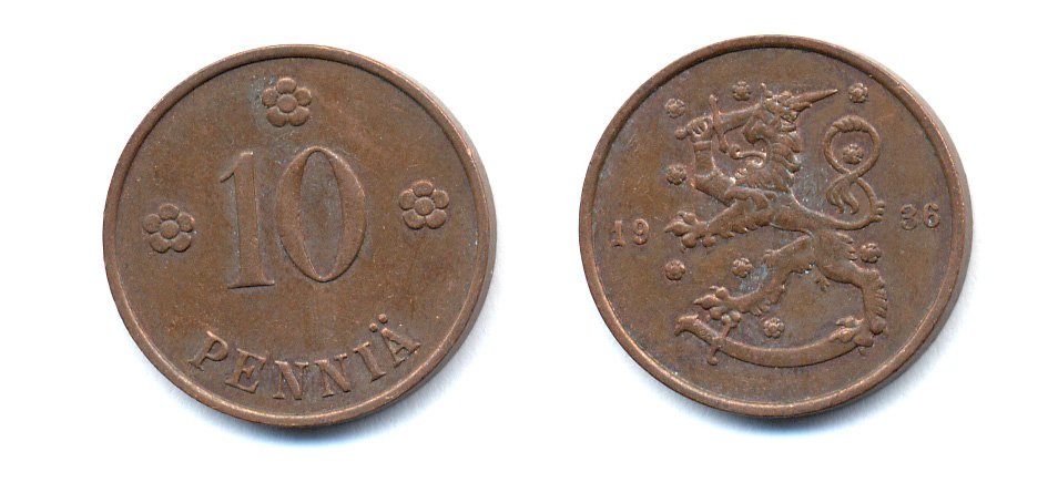 Финляндия 10 пенни 1936 республика (1918-1962) KM 24 медь 51-5541