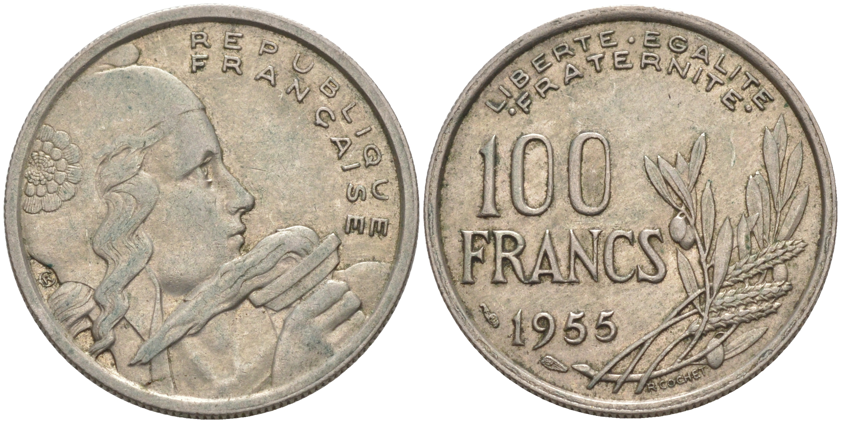 ФРАНЦИЯ 100 ФРАНКОВ 1955 KM 919.1 медно-никель 106-313