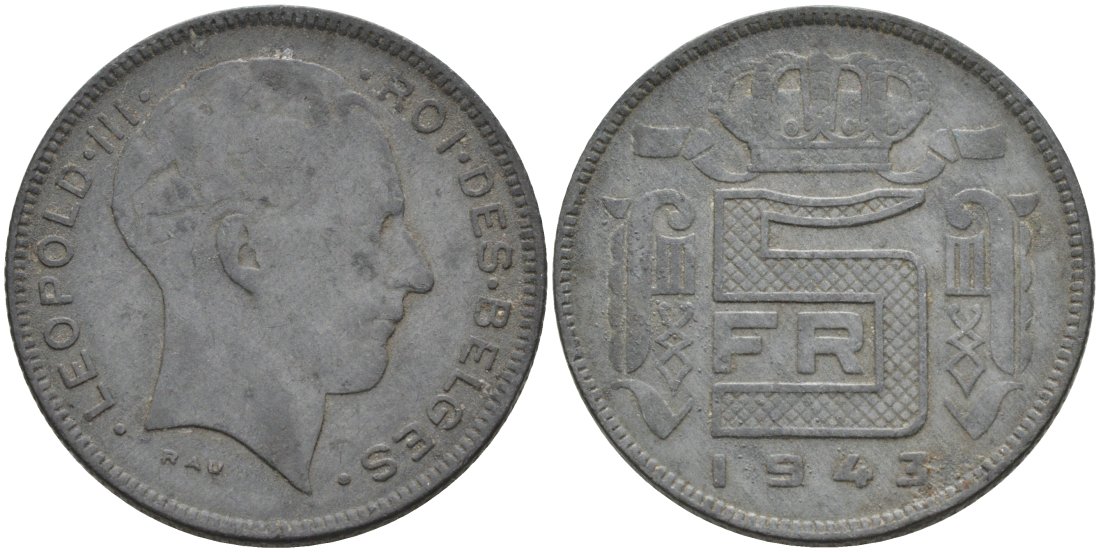 Бельгия 5 франков 1943 Belges KM 129 цинк 51-2137