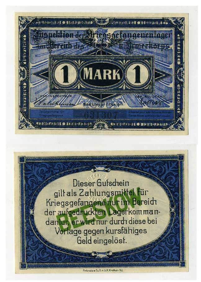 Германия 1 марка 1917 инспекция лагерей военнопленных в Бескове, III-ий Армейский корпус C-2710 бумага UNC (пресс) 000-00-00