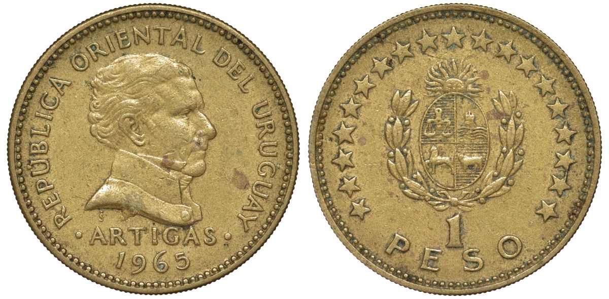 Уругвай 1 песо 1965 KM 46 алюминиевая бронза 28-415