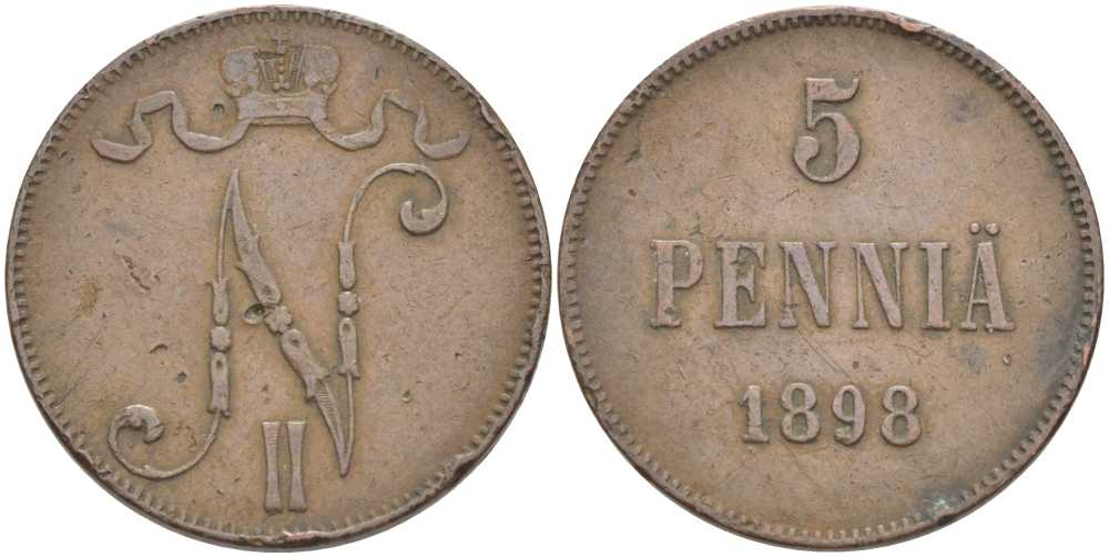 Россия для Финляндии 5 пенни 1898 Николай II (1894-1917) KM 15, Биткин 443 медь 111-745