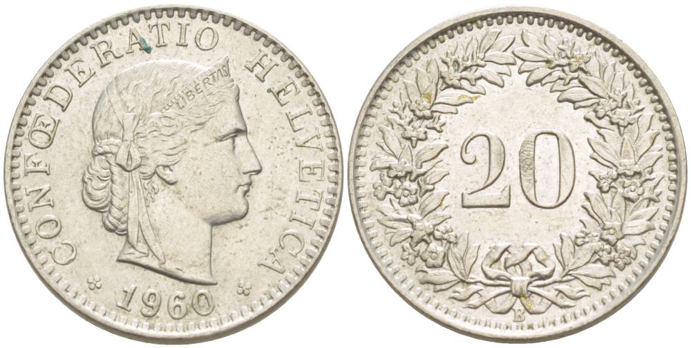 Швейцария 20 раппенов 1960 В KM 29а медно-никель 4511-923