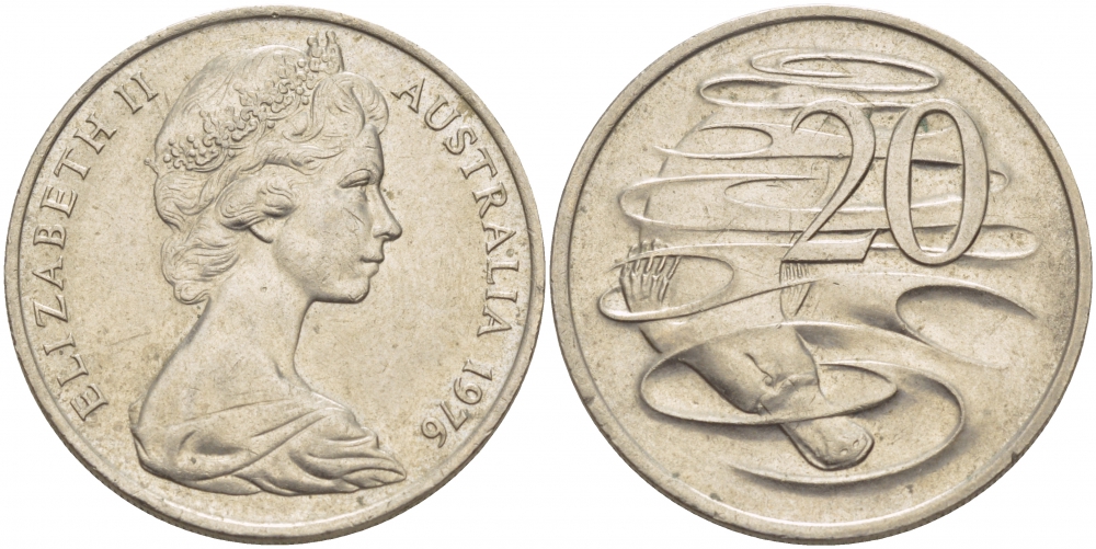 Австралия 20 центов 1976 Елизавета II (1952-2022), утконос KM 66 медно-никель UNC 115-935