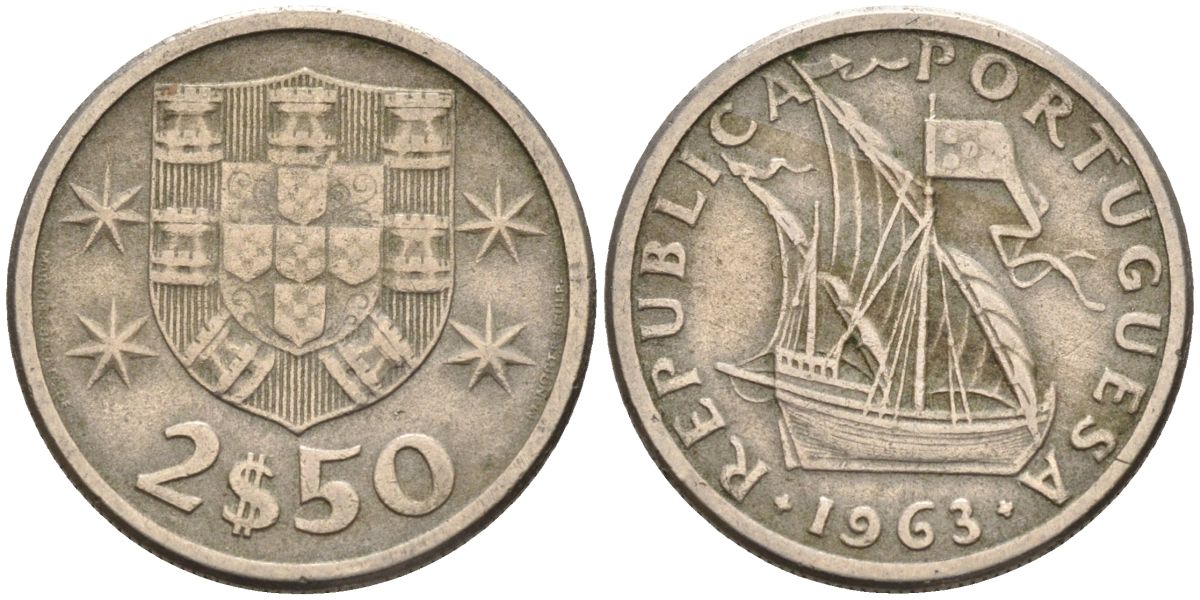 Португалия 2,5 эскудо 1963 парусник KM 590 медно-никель 4115-459