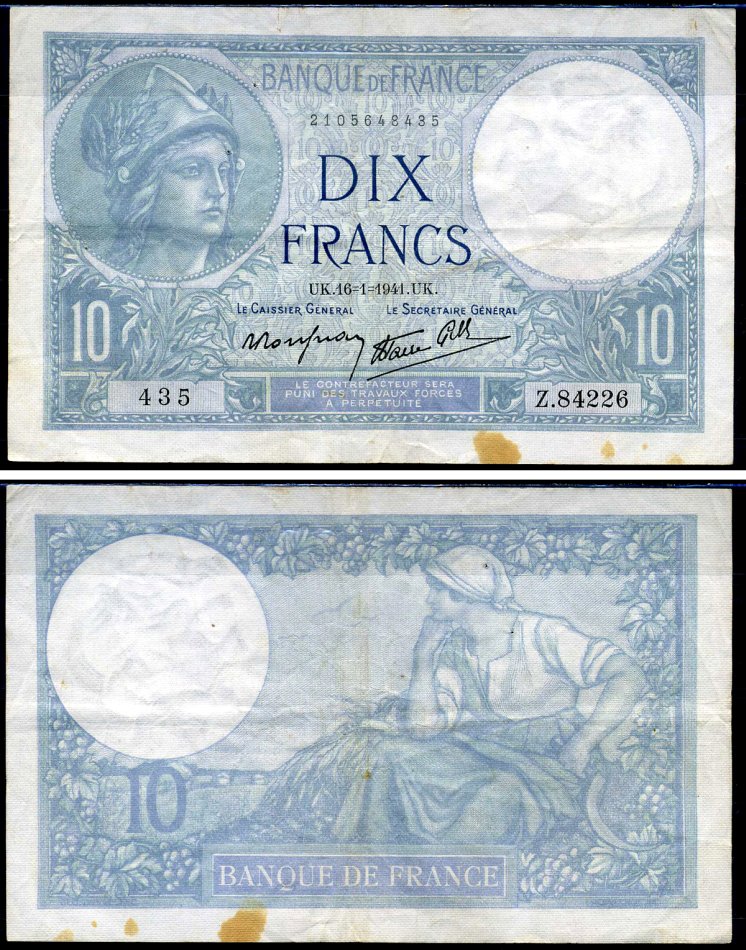 Франция 10 франков 1941 Pick 84 бумага 7457-21-3-1