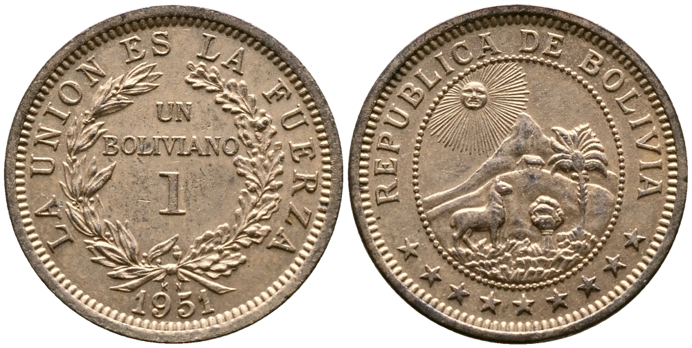Боливия 1 боливиано 1951 KN KM 184 бронза UNC 4388-112
