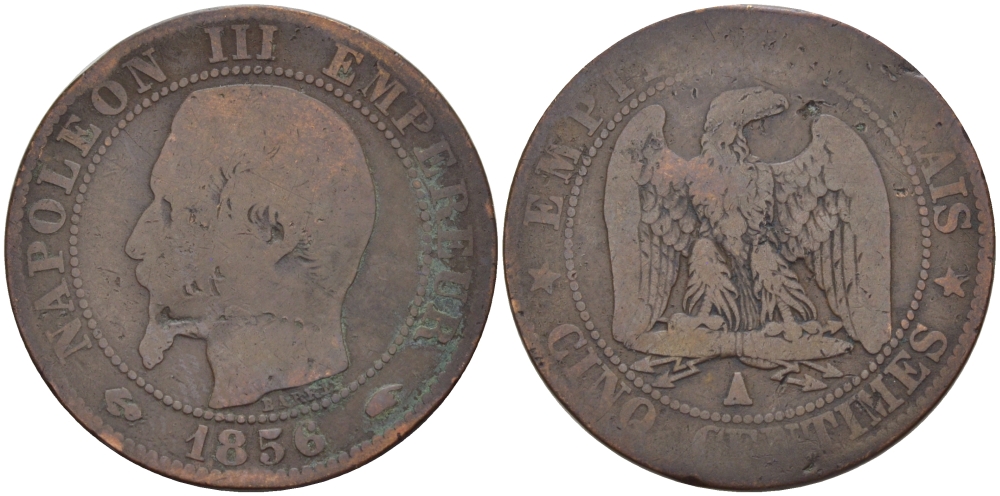 ФРАНЦИЯ 5 САНТИМОВ 1956 A, НАПОЛЕОН III (1852-1870) KM 777.1, LA FRANC 116.30 бронза 28-636