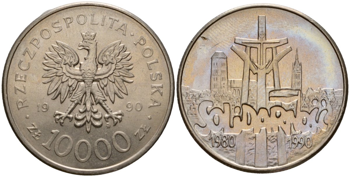 Польша 10000 злотых 1990 MW, 10 лет профсоюзу "Солидарность" KM 195, Parchimowicz 604 медно-никель UNC 189-142