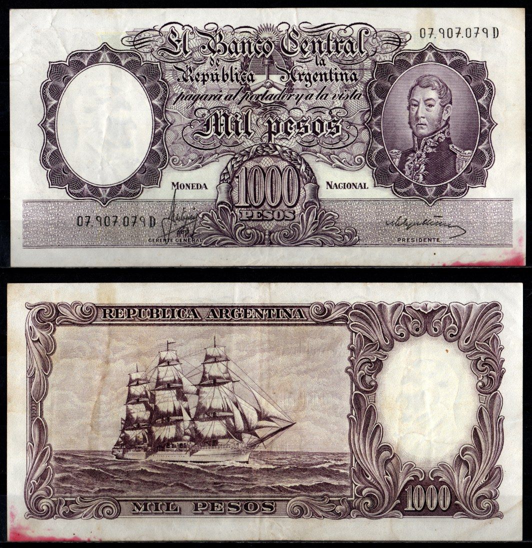 Аргентина 1000 песо ND (1966-1969) Pick 279 (2) бумага 7548-84-2-2