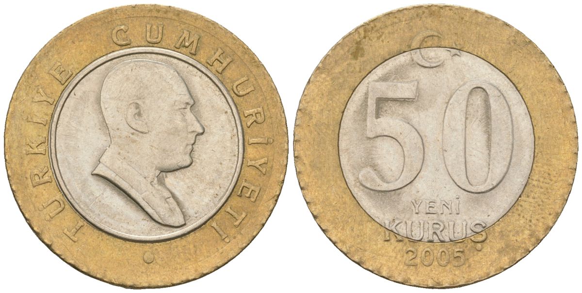 Турция 50 новых курушей 2005 KM 1168 биметалл 4610-1122