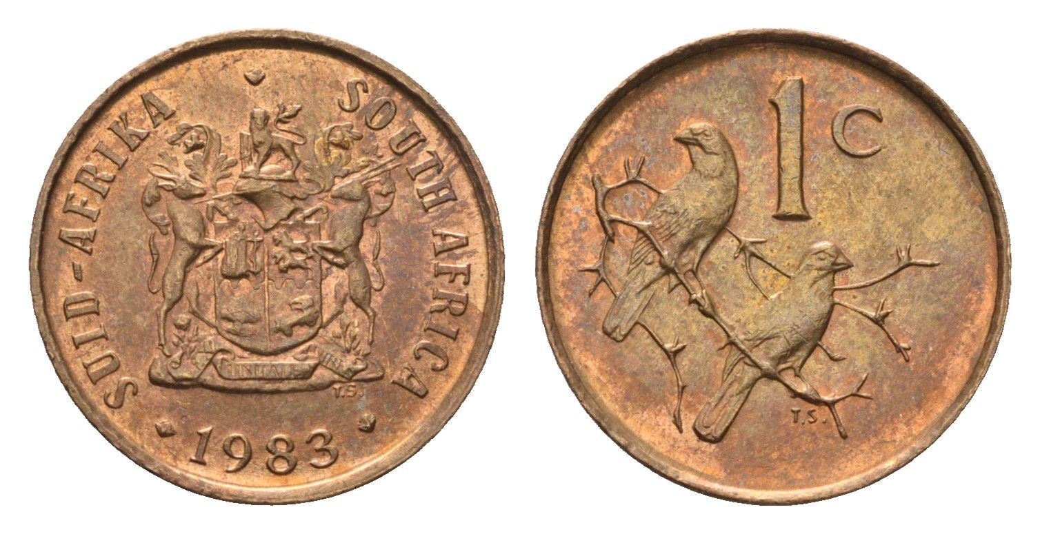 ЮАР 1 цент 1983 герб, капские воробьи KM 82 бронза UNC 4690-1231