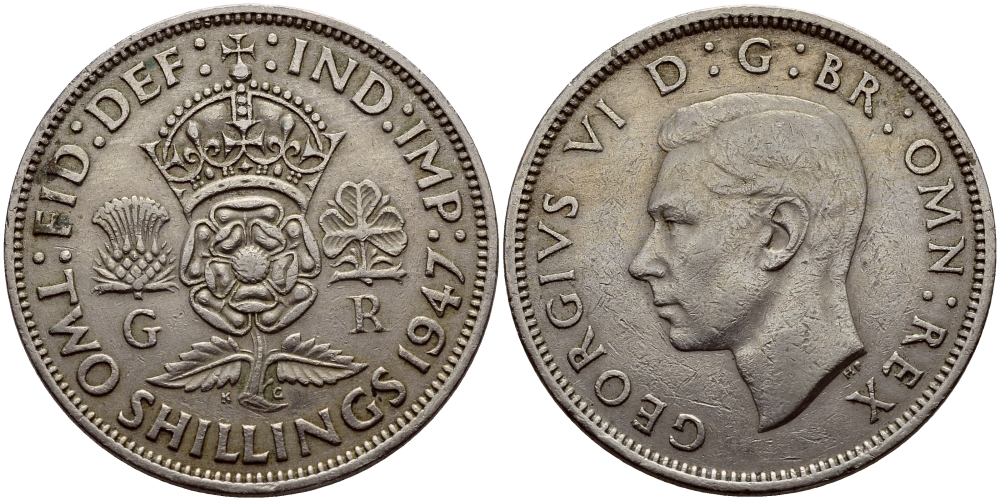 Великобритания 2 шиллинга (флорин) 1947 Георг VI (1936-1952) KM 878, Spink 4107 медно-никель 83-1714