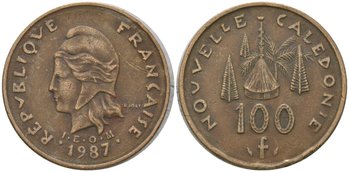 Французская Новая Каледония 100 франков 1987 хижина среди сосен и пальм, (IEOM) KM 15, Schoen 16, Lec 135 никель латунь 4137-935
