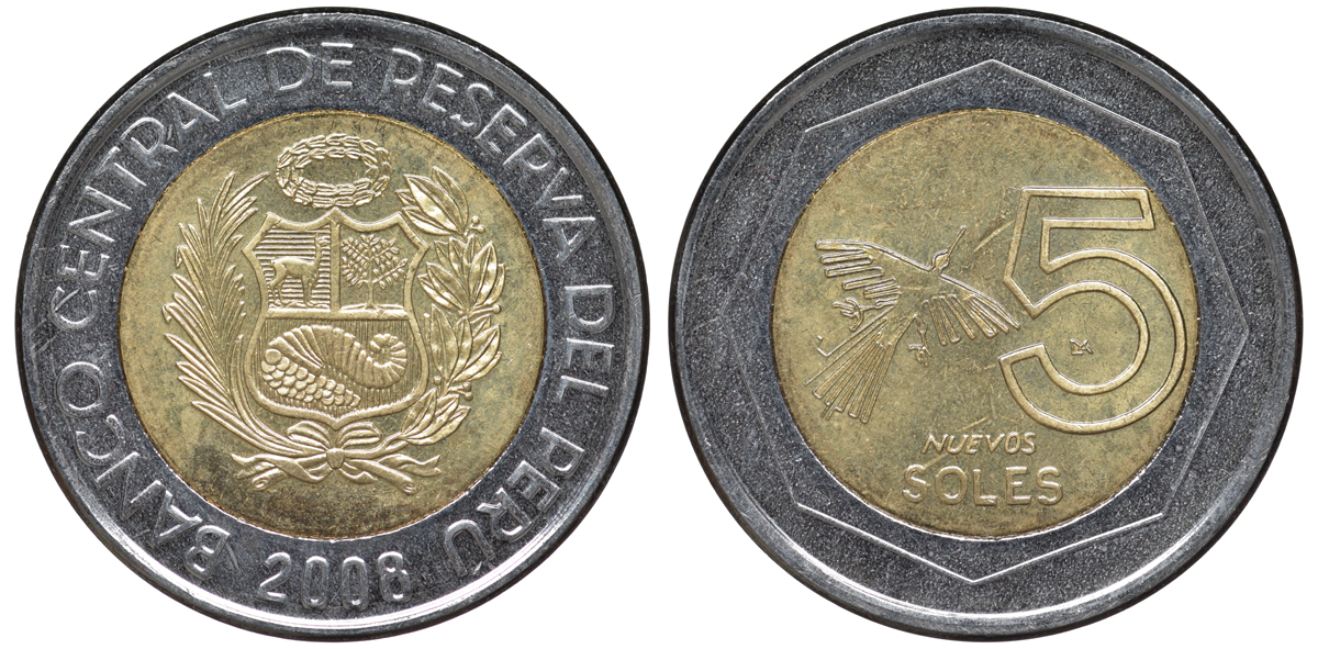Перу 5 новых солей 2008 KM 316 биметалл aUNC 4605-355