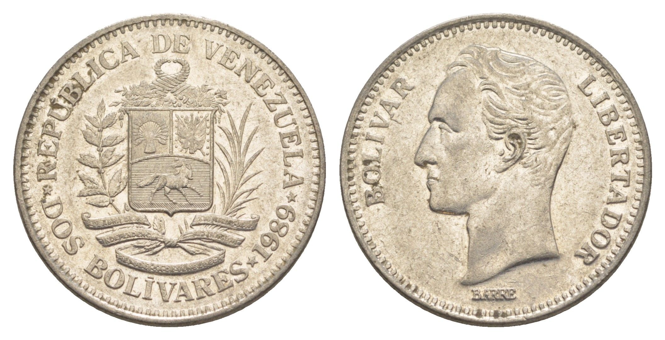 Венесуэла 2 боливара 1989 Симон Боливар Y 43a сталь плакированная никелем 4583-132