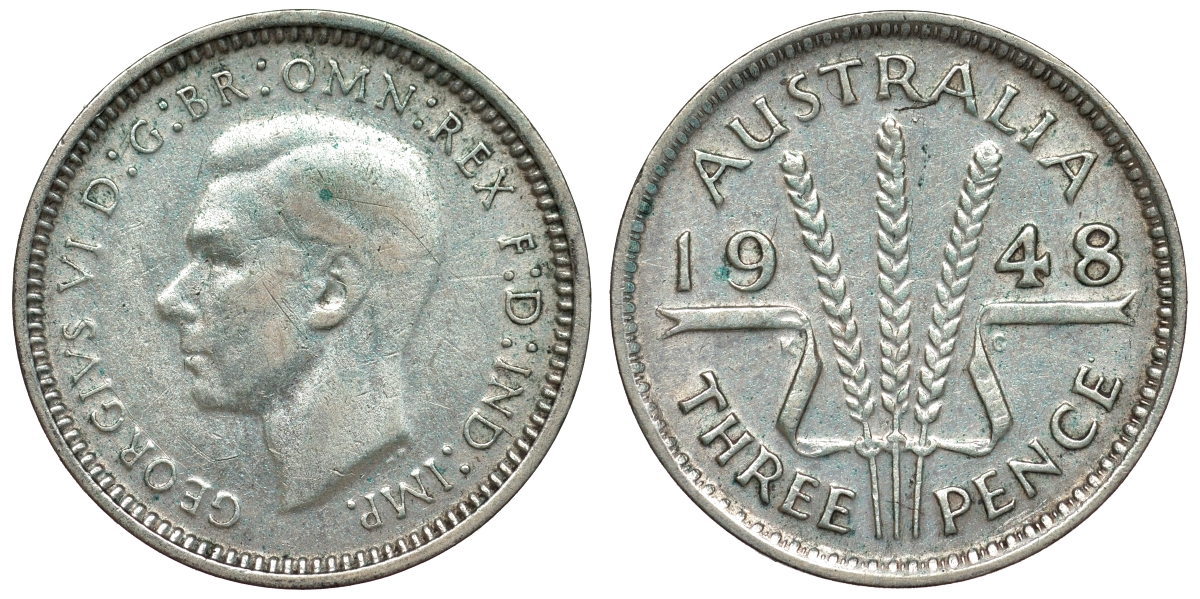 Австралия 3 пенса 1948 m, Георг VI (1937-1952), без букв KM 37a серебро 71-216