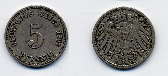 ГЕРМАНИЯ 5 ПФЕННИГОВ 1907 A, KM 11, J. 12 медно-никель 84-967
