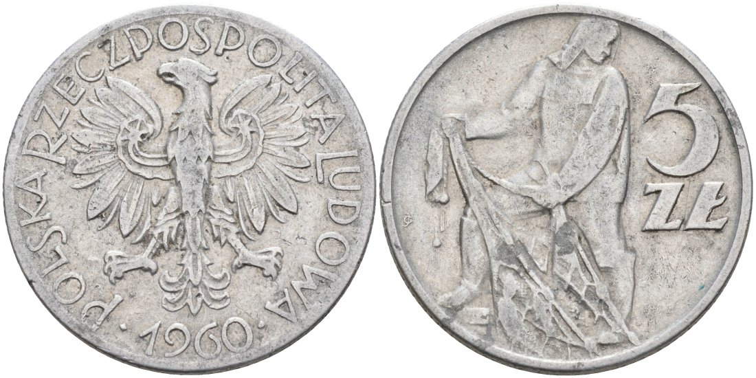 Польша 5 злотых 1960 рыбак KM 47 алюминий 4572-346
