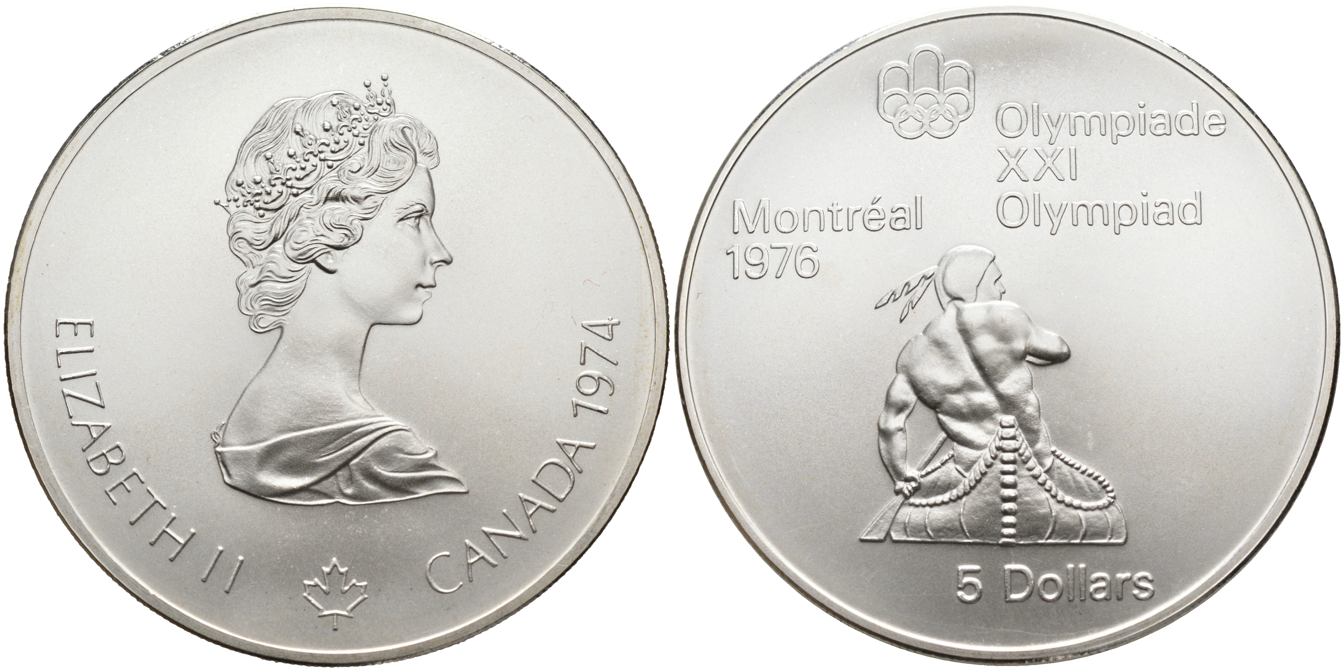 Канада 5 долларов 1974 XXI летние Олимпийские игры в Монреале 1976 года, гребля на каяке KM 92 серебро UNC 1095-6-32