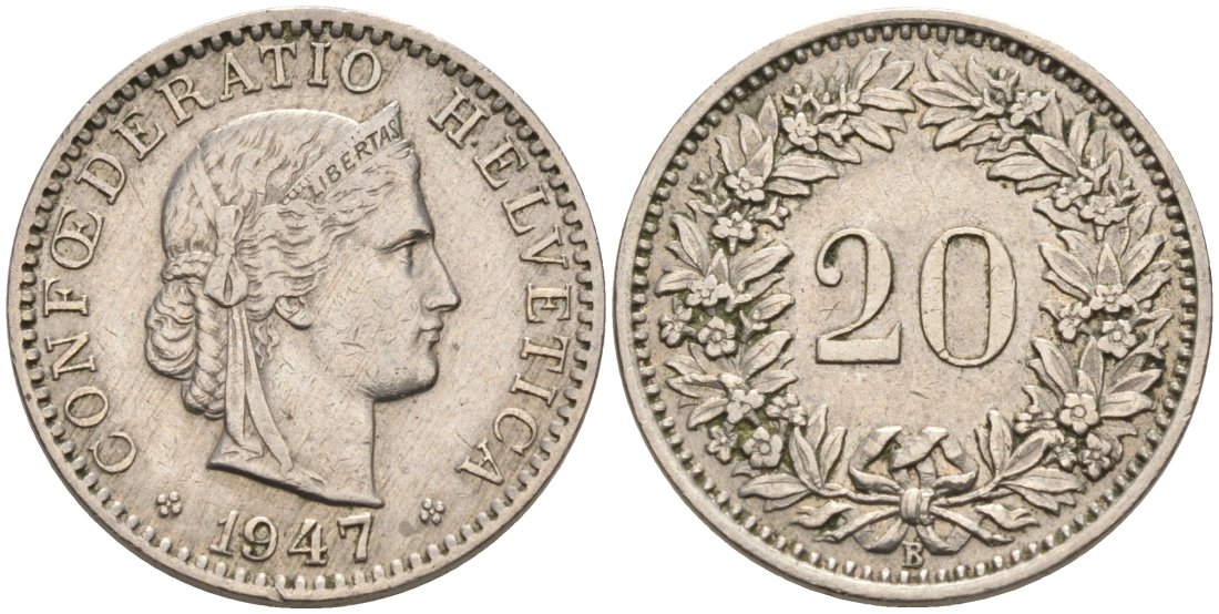 Швейцария 20 раппенов 1947 В KM 29а медно-никель 92-1251