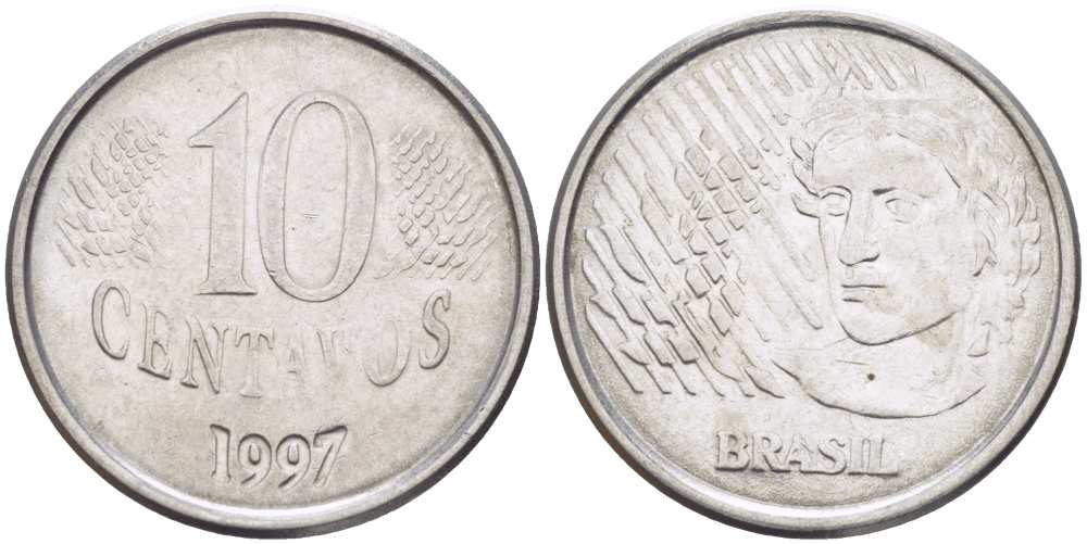 Бразилия 10 сентаво 1997 голова свободы KM 633 нержавеющая сталь 60-755