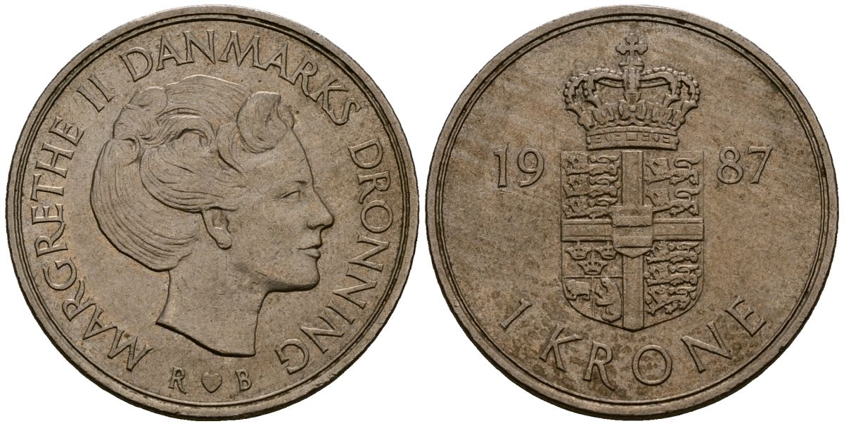 Дания 1 крона 1987 R;B, Маргрете II (1972-) KM 862.3 медно-никель 4176-526