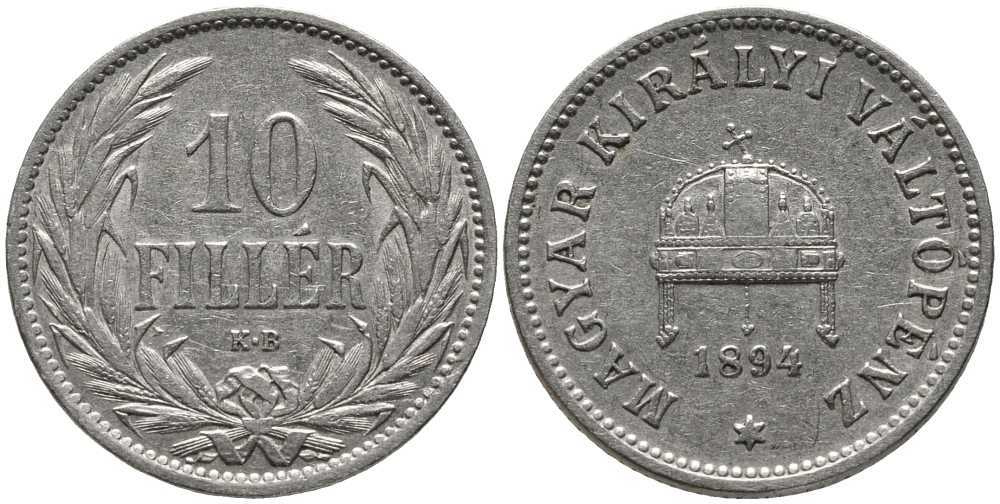 Венгрия 10 филлеров 1894 KB, Франц Иосиф I (1848-1916) KM 482 никель 116-836