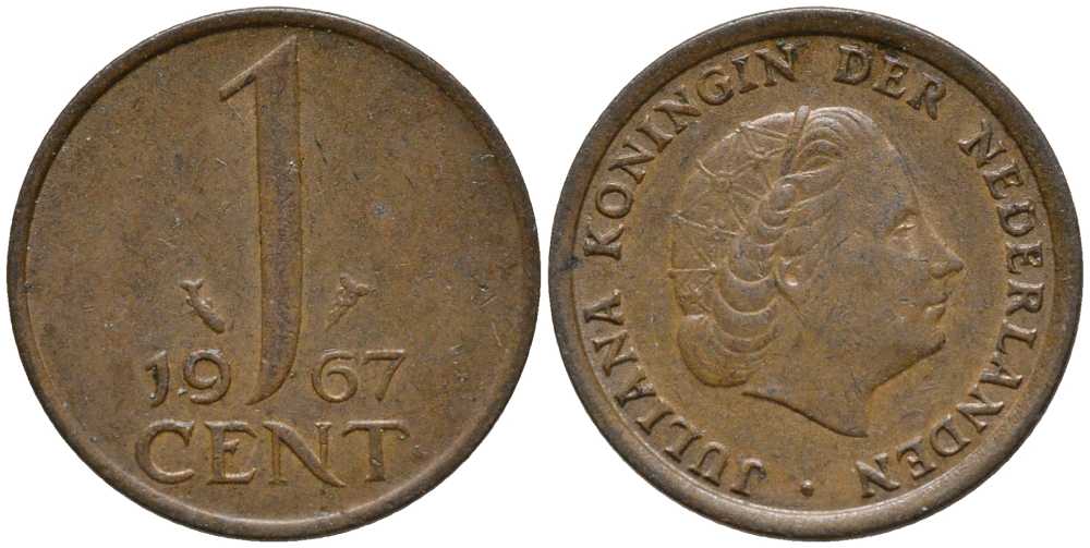 НИДЕРЛАНДЫ 1 ЦЕНТ 1967 ЮЛИАНА KM 180 бронза 112-719