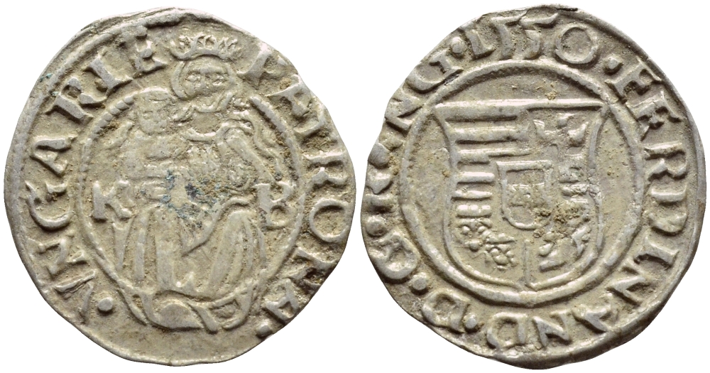 Венгрия 1 денар 1550 КВ, Фердинанд I (1526-1564), мадонна с младенцем  серебро 1530-333