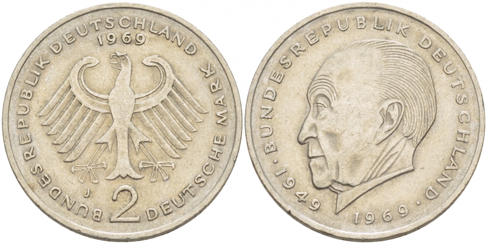 ФРГ 2 МАРКИ 1969 J, КОНРАД АДЕНАУЭР KM 124, J. 406 медно-никель плакированный никелем 3718-1045