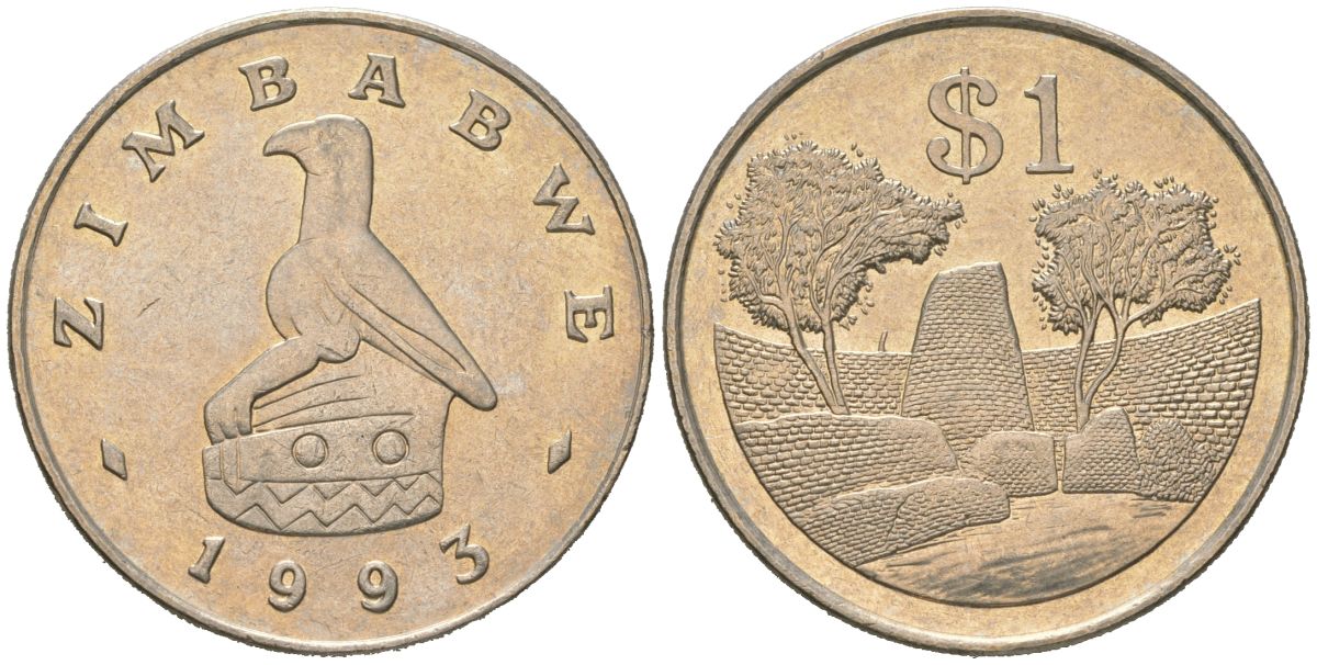 Зимбабве 1 доллар 1993 руины большого Зимбабве KM 6 медно-никель UNC 106-821