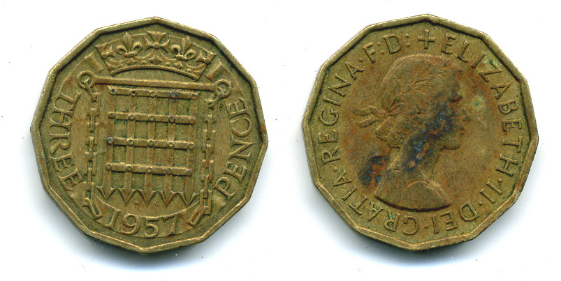Великобритания 3 пенса 1957 Елизавета II (1952-2022) KM 900, Spink 4153 никель латунь 89-1323