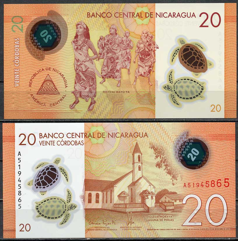 Никарагуа 20 кордоба 2019 фестиваль Майя, морские черепахи, Никарагуа, церковь Pick 210 a пластик  UNC (пресс) 447-70-3-3