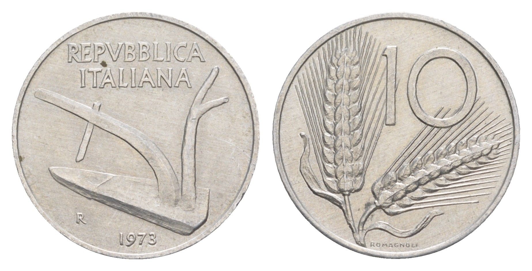 Италия 10 лир 1973 R, плуг, колосья KM 93 алюминий UNC 4551-811