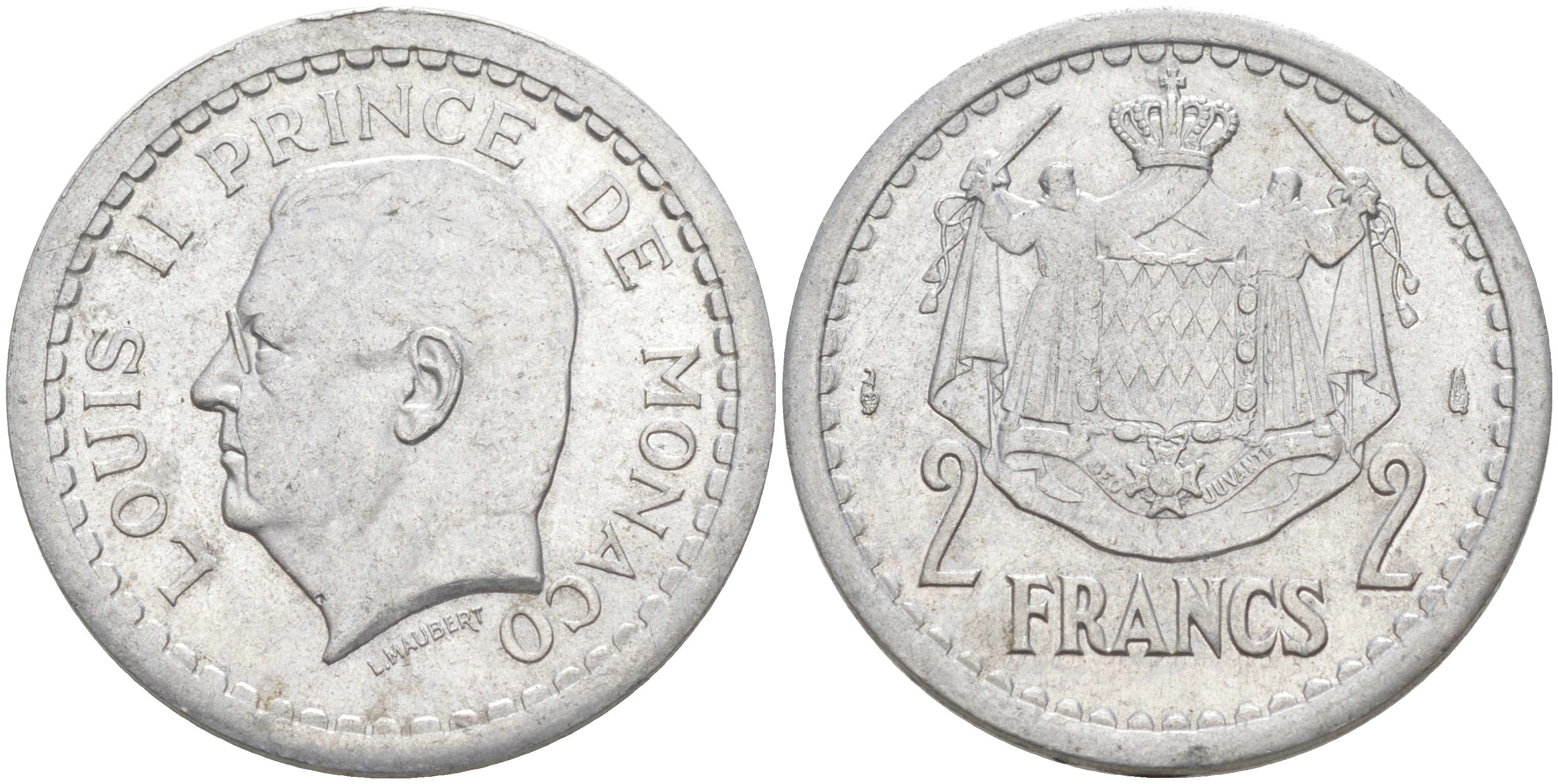 Монако 2 франка 1943 Луи II (1922-1949) KM 121 алюминий 190-545