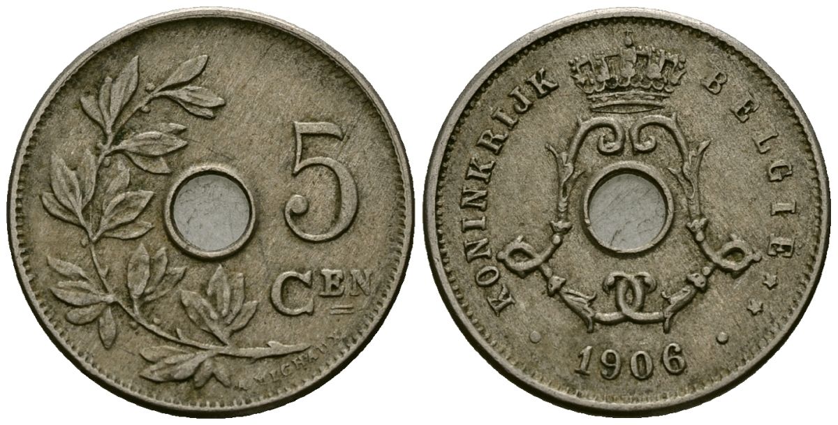 Бельгия 5 сантимов 1906 Belgie, Леопольд II (1865-1909) KM 55 медно-никель 4173-146